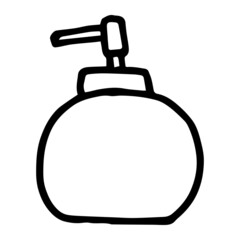 Hand drawn cleanser liquid soap bottle for body care and hygiene. Sketch of elements for bath or shower isolated on white background. Black and white outline