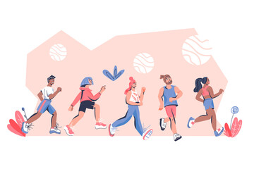 Banner with marathon runners. Sports athletics people are running. Men and women training or racing in run competition, flat vector illustration isolated on white background.