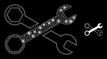Glossy polygonal mesh net wrenches icon with glitter effect on a black background. Constellation wrenches iconic vector with glamour points in vibrant colors.