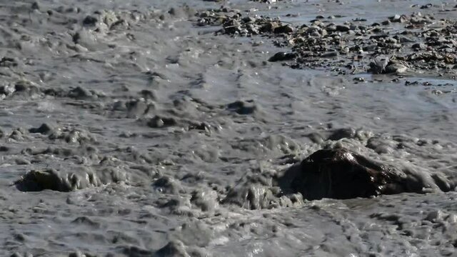 river of mud and water rushes towards the sea after intersting rains