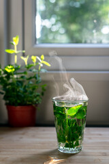 A glass of freshly brewed mint tea is on the table.