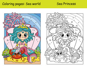 Coloring and color cute mermaid in a seashell and crab
