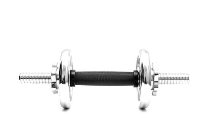 Dumbbell on white background with copy space. 