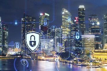 Fototapeta na wymiar Glowing padlock hologram, night panoramic city view of Singapore, Asia. The concept of cyber security to protect companies. Double exposure.