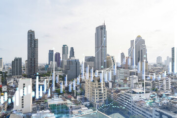 Naklejka na ściany i meble Financial stock chart hologram over panorama city view of Bangkok, business center in Southeast Asia. The concept of international transactions. Double exposure.