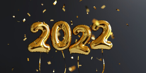 Happy New Year 2022. New Year balloons. Shiny confetti falling down over golden baloons. 3D render. 3D illustration.