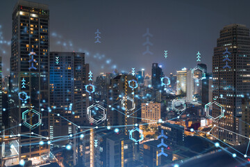 Information flow hologram, night panorama city view of Bangkok. The largest technological center in Southeast Asia. The concept of programming science. Double exposure.