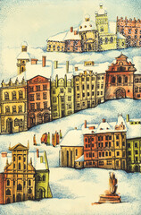 Winter ancient city in cartoon style. Watercolor winter and medieval houses. Black outline. Christmas illustration of a fairy-tale city.