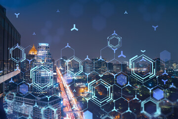 Information flow hologram, night panorama city view of Bangkok. The largest technological center in Southeast Asia. The concept of programming science. Double exposure.