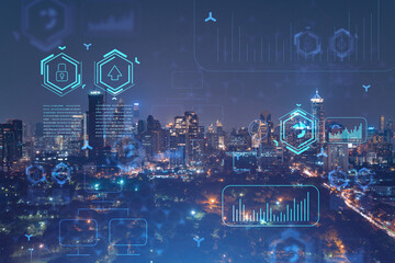 Information flow hologram, night panorama city view of Bangkok. The largest technological center in Southeast Asia. The concept of programming science. Double exposure.