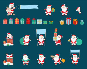 Cute Santa Claus Poses Big Set with Banners, Christmas Sale, Presents Design Elements Flat Vector Illustration