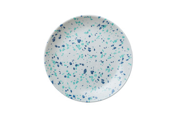 Blue ceramic round plate isolated over white background. Top view