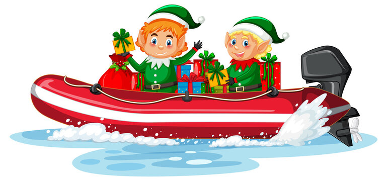 Christmas elf on the boat with his gifts