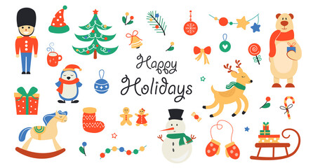 Set of New Year and Christmas elements and cute animals. Vector illustration. Isolated a white background.