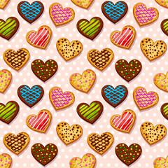 Textured seamless pattern sweet cookies heart shaped with glaze.