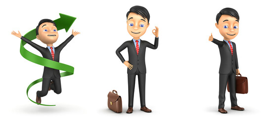 Businessman shows thumb up. The businessman shows okay. The businessman is happy about the growth. 3d render illustration.