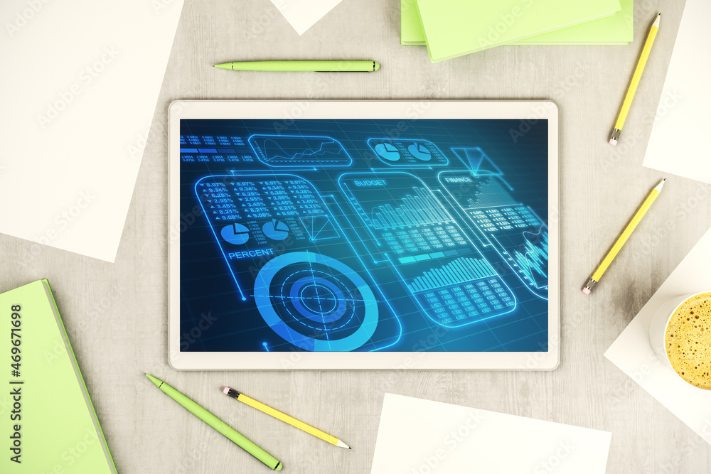 Aufkleber top view of modern digital tablet screen with abstract graphic data spreadsheet sketch, analytics an