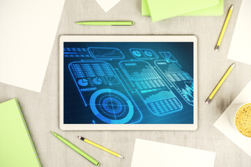 Top view of modern digital tablet screen with abstract graphic data spreadsheet sketch, analytics and analysis concept. 3D Rendering