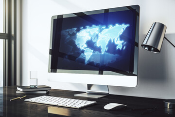 Modern computer screen with abstract creative digital world map, research and analytics concept. 3D Rendering