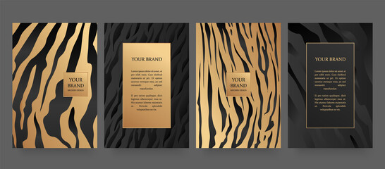 Luxury design on dark background,
frame design set with with gold tiger pattern. Luxury premium background pattern for menu, elite sale, luxe invite template, ​formal invitation, luxury voucher. 