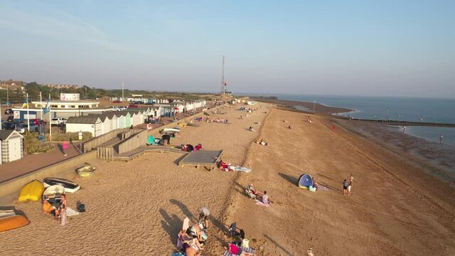 people relaxing at coast, spending time on sandy beach. Aerial view of sea coast. Southend-on-Sea, UK