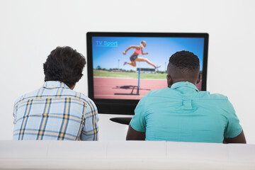 Rear view of two friends sitting at home together watching athletics event on tv