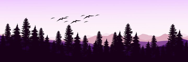 morning landscape at mountain with tree and bird silhouette vector illustration good for wallpaper, backdrop, banner, tourism, mountain hiking, and design template