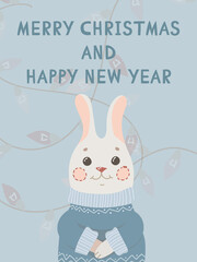 Cute card with a Rabbit. Christmas greeting gift cards with winter elements and holiday wishes. Winter vector illustration isolated on white background.