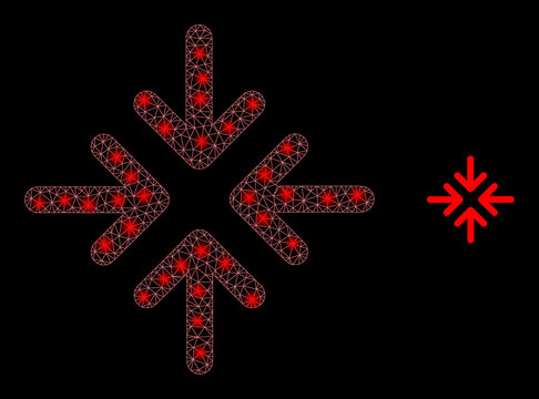 Glossy polygonal mesh net meeting point arrows icon with glare effect on a black background. Constellation meeting point arrows iconic vector with shiny dots in majestic colors.