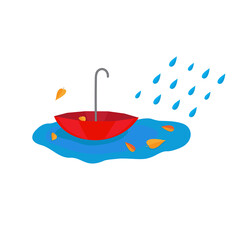 red umbrella in a blue puddle with autumn leaves on a rainy day. Autumn concept. Vector illustration