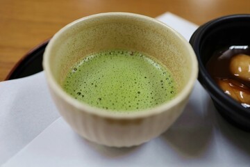 Japanese warm matcha. Autumn tea ceremony.