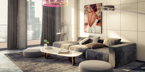 Sitting Group & Decorative Art Presentaion Insiede a Penthouse Flat - panoramic 3D Visualization