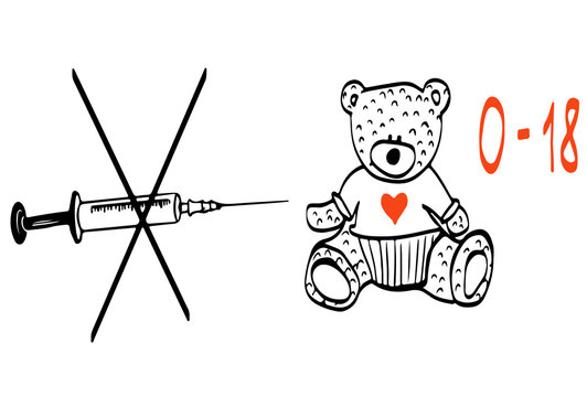 drawing picture childrens toy teddy bear and vaccine in syringe, medical digital vector illustration, good for social networks, posters, articles and websites