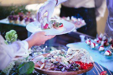 Buffet dinner, a beautifully decorated banquet with a variety of snacks.
