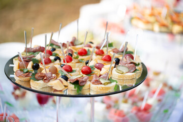 Catering table buffet dinner, beautifully decorated banquet with variety of different food snacks and appetizers on corporate birthday party event or wedding reception, canape, delicatessen setting