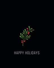 Happy holidays background. Postcard, poster, banner. Clothes print. Plants on a dark background