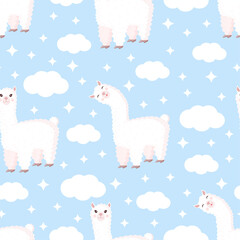 Fototapeta premium Seamless pattern with funny llama, clouds and stars on a blue background. Vector illustration suitable for baby texture, textile, fabric, poster, greeting card, decor. Cute alpaca from Peru.
