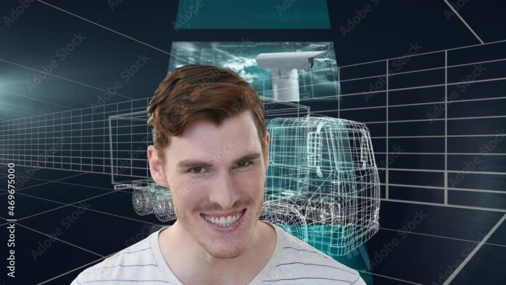 Poster animation of smiling caucasian man and screens with data over 3d drawing model of lorry and grid