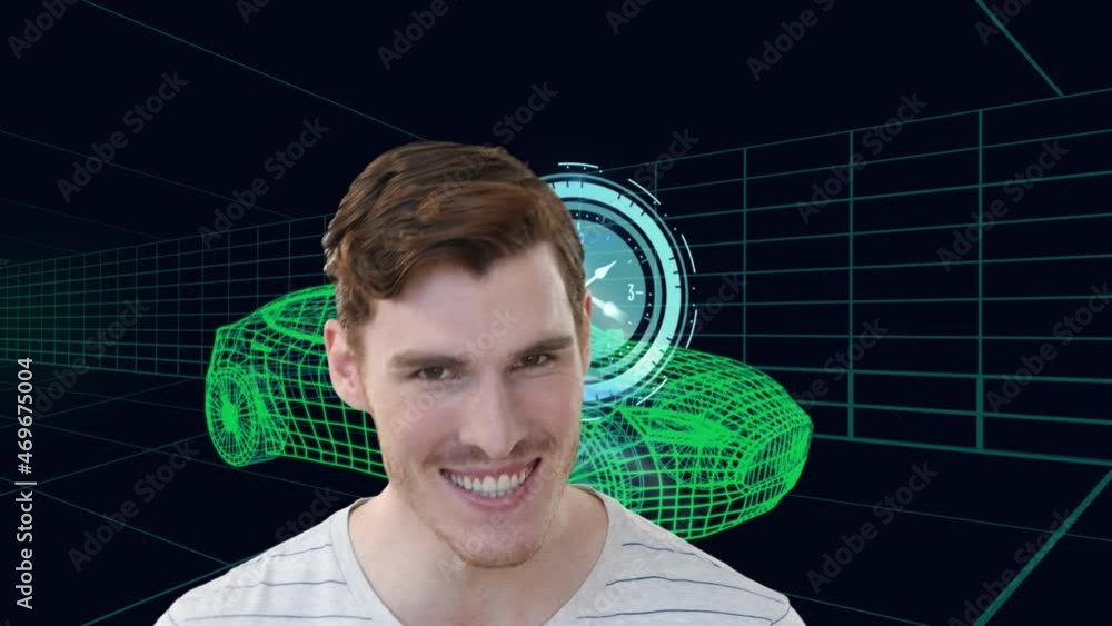 Poster animation of smiling caucasian man and clock over 3d drawing model of car and grid