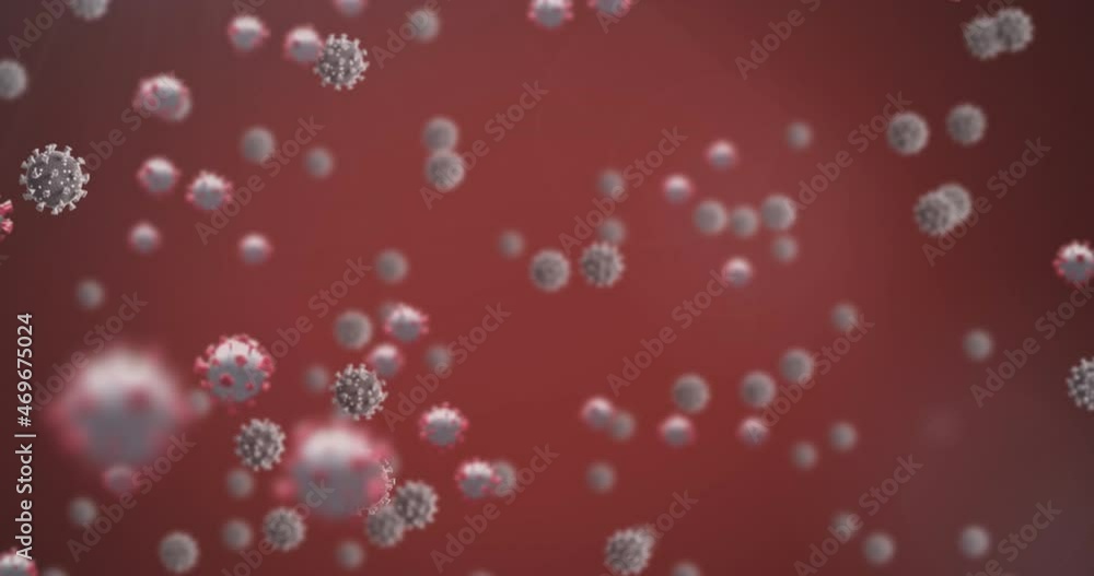 Poster animation of covid 19 cells floating over red background
