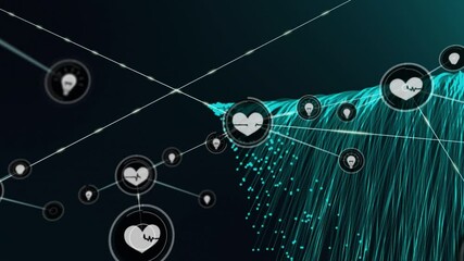 Animation of network of connections with digital heart icons over green light trails - Powered by Adobe