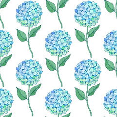 Hydrangea flower seamless pattern. Blue green petals, stem and leaves on white. Vector texture for print, fabric, textile, wallpaper.