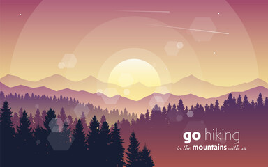 Vector landscape, sunset scene in nature with mountains and forest, silhouettes of trees. Hiking tourism. Adventure. Minimalist graphic flyers. Polygonal flat design for coupons, vouchers, gift cards