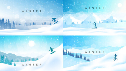 Winter mountains landscape. Snowboarding, skiing. Adventure, hiking, tourism. Travel concept of extreme, active winter sport. Minimalistic polygonal flat design graphic poster. Vector illustration set