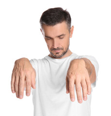 Man in sleepwalking state on white background