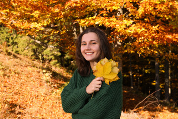 Portrait of beautiful young woman with leaves near forest in autumn