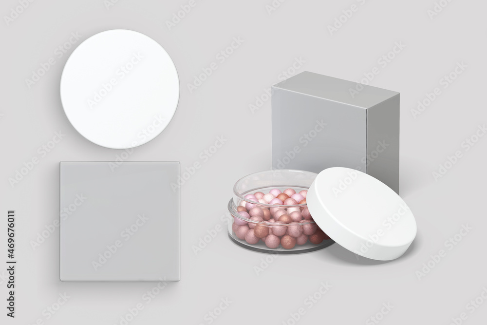 Poster empty blank open transparent face powder or blush container with balls inside. powder or blush packa