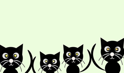 Ilustración de gatos negros en diferentes alturas sobre fondo verde claro
