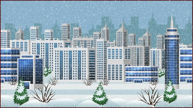 Winter city in snow. Christmas city street with modern shops and business buildings, big houses, falling snow flakes. Blue and white. Animated cartoon flat illustration for banner design. 
