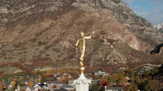Gold Angel Moroni Statue on the Provo LDS Mormon Temple Tower Spire, Aerial